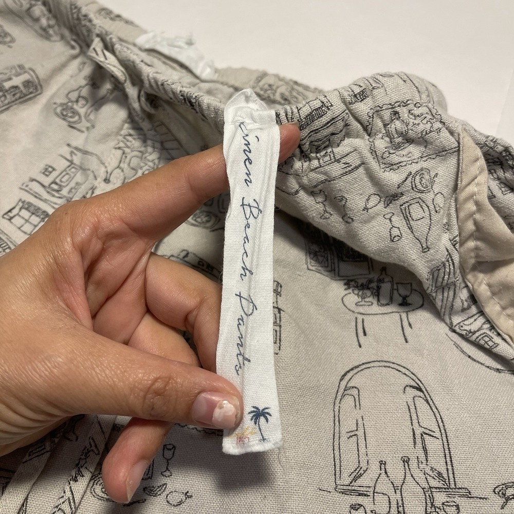 Cali 1850 M Linen Rayon Pants Beige European Cafe Sketch Print Wide Leg Vacation - Picture 11 of 11